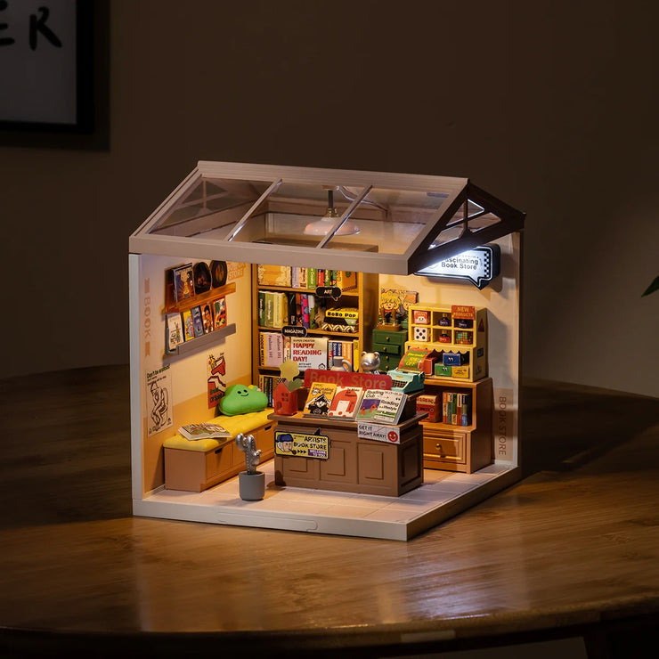 Super Creator Double Joy Bubble Tea, Golden Wheat Bakery, Fascinating Book Store Plastic DIY Miniature House Kits